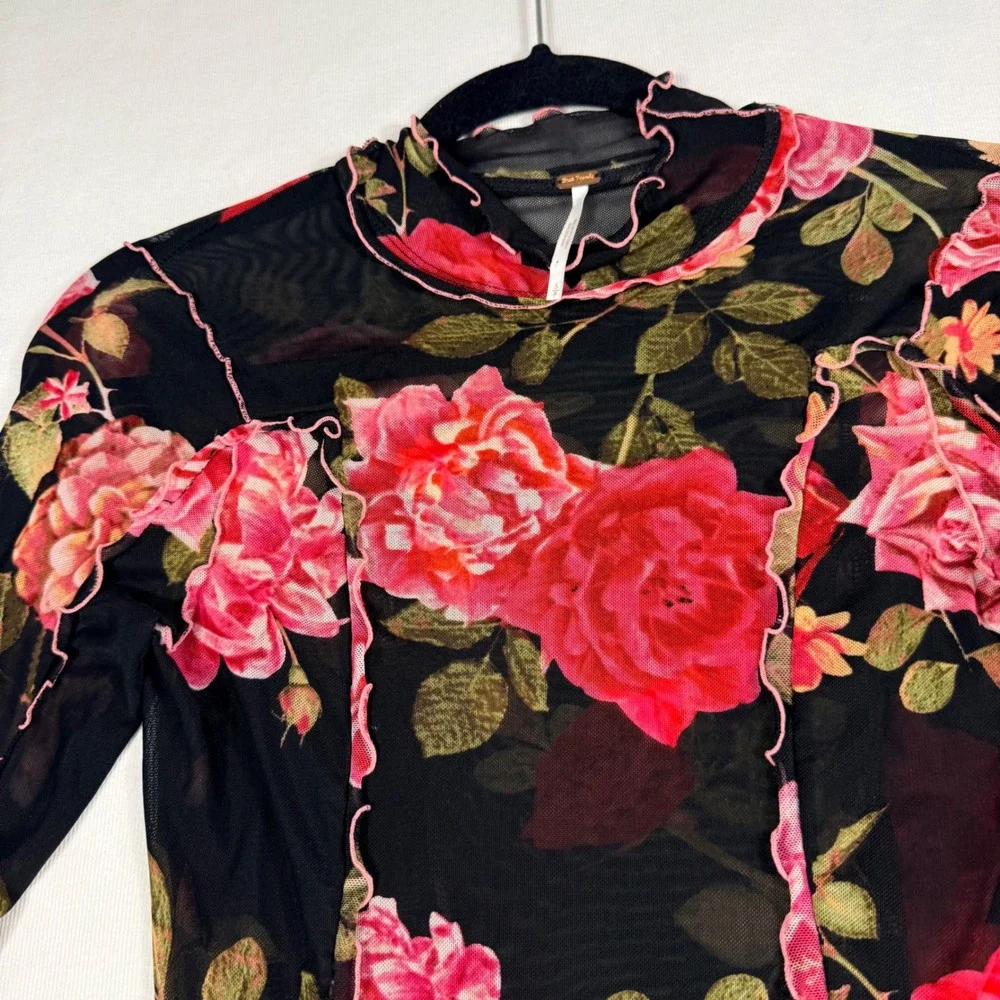 Free People Mesh Top S Black Red Floral Rose Sheer L/sleeve dark romancgoth